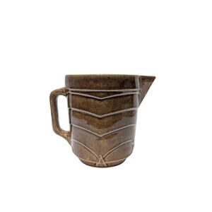 Vtg Brown Art Deco Stoneware Pitcher by Monmouth Chevron Pattern 20 fl oz 5"